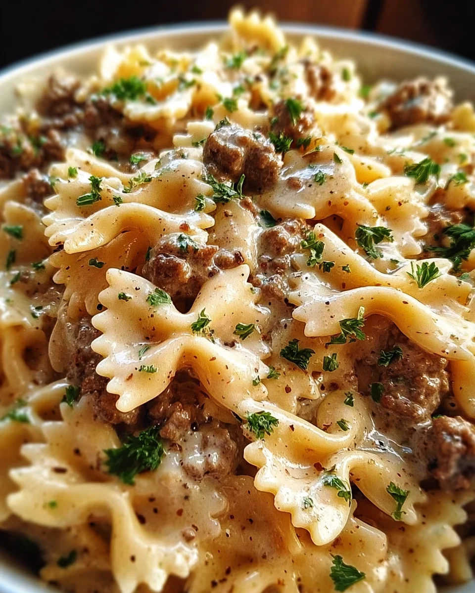 Beef and Bowtie Pasta with Alfredo Sauce