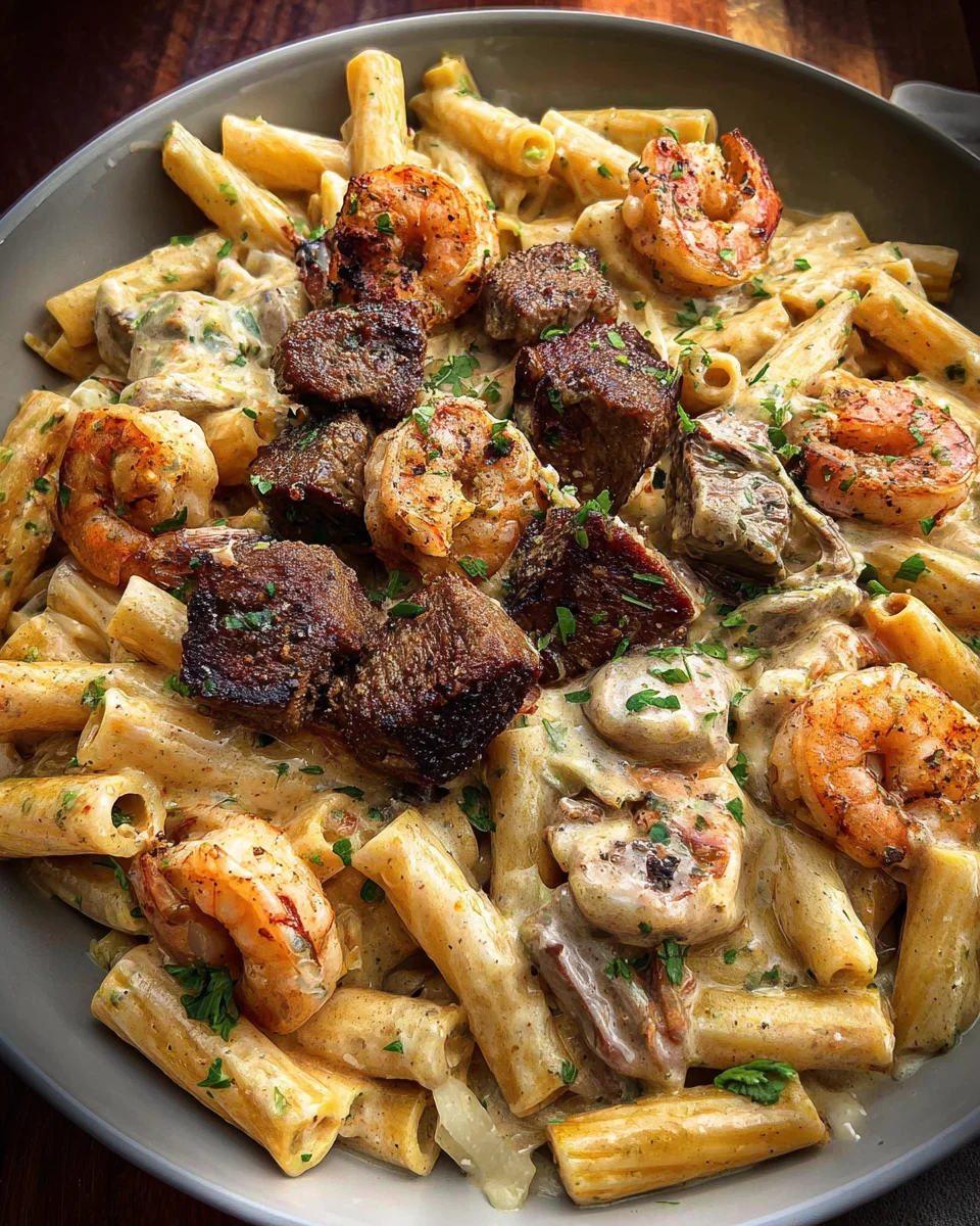 Blackened Steak and Shrimp Alfredo