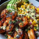 Grilled Shrimp Bowl with Avocado, Corn Salsa & Creamy Garlic Sauce