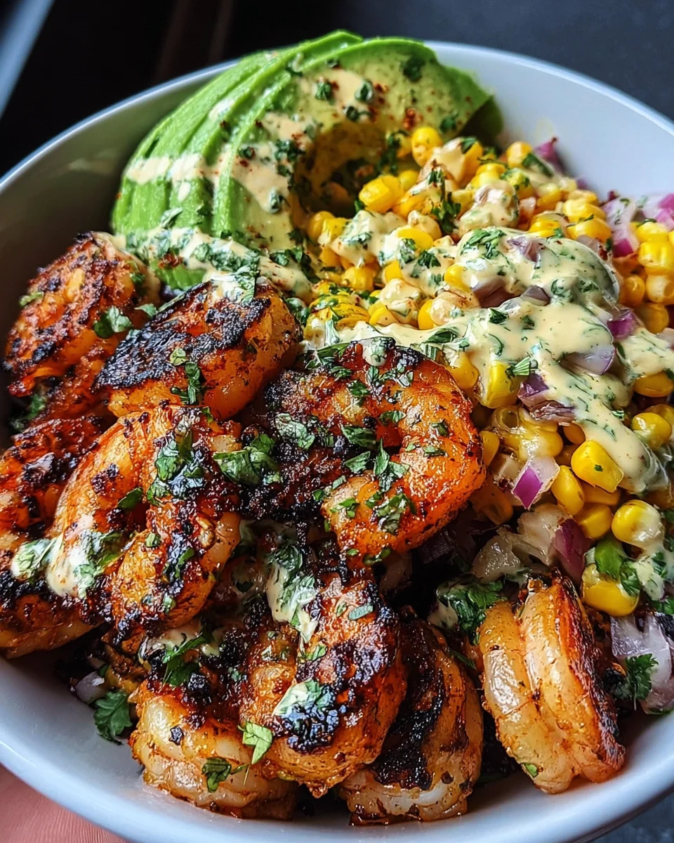 Grilled Shrimp Bowl with Avocado, Corn Salsa & Creamy Garlic Sauce