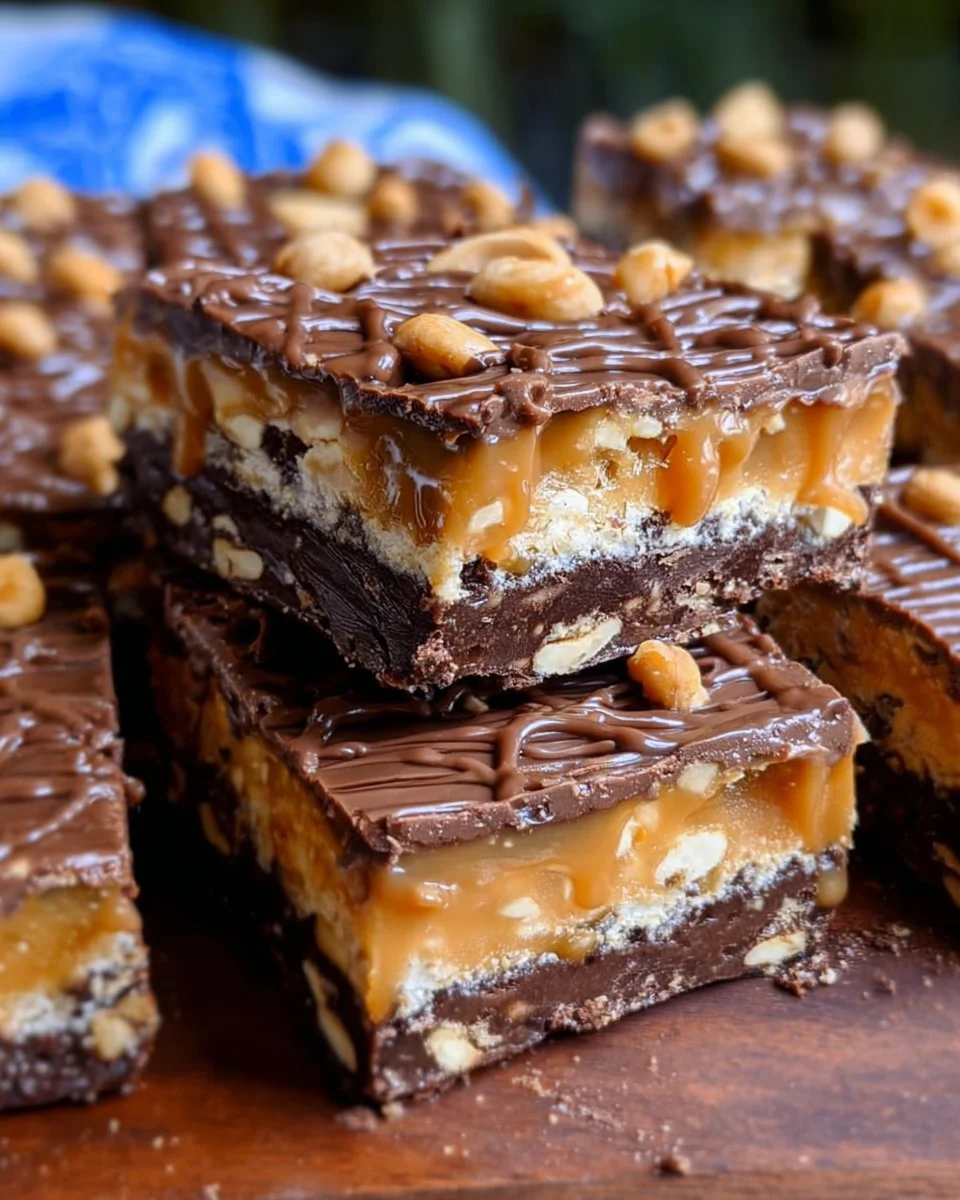 No Bake Crispy Snickers Bars