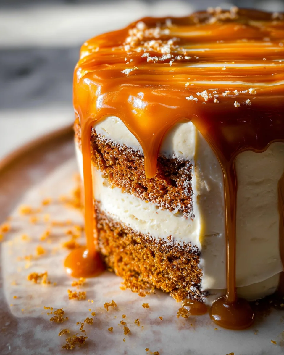 Pumpkin Cake with Cream Cheese Frosting and Salted Caramel Drizzle