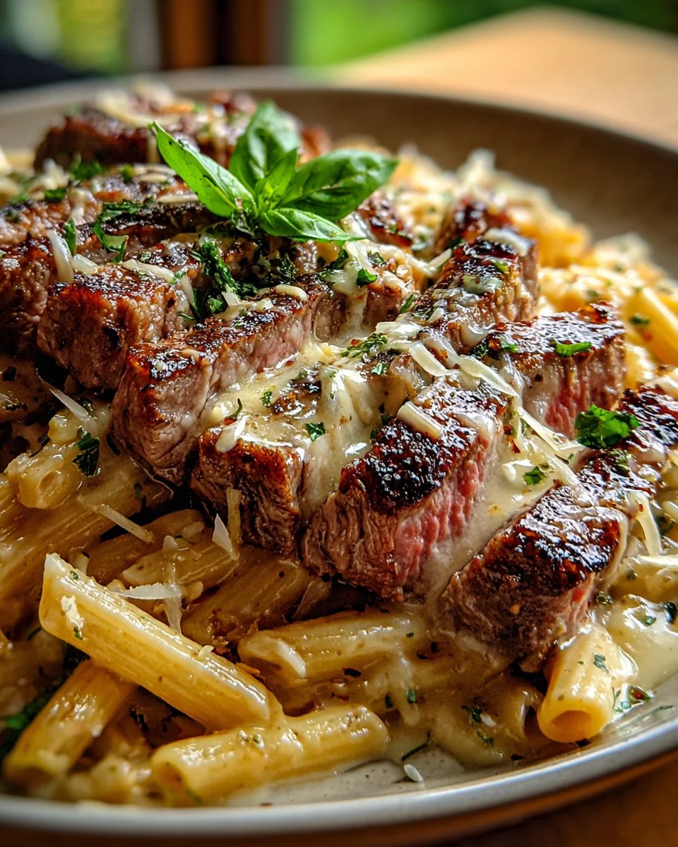 Steak and Creamy Garlic Parmesan Pasta