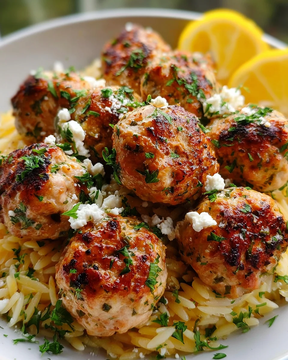 Greek Chicken Meatballs with Lemon Orzo