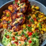Grilled Shrimp Bowl with Avocado, Corn Salsa & Creamy Sauce
