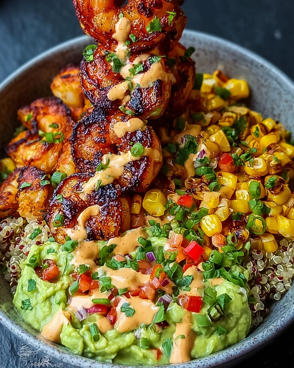 Grilled Shrimp Bowl with Avocado, Corn Salsa & Creamy Sauce