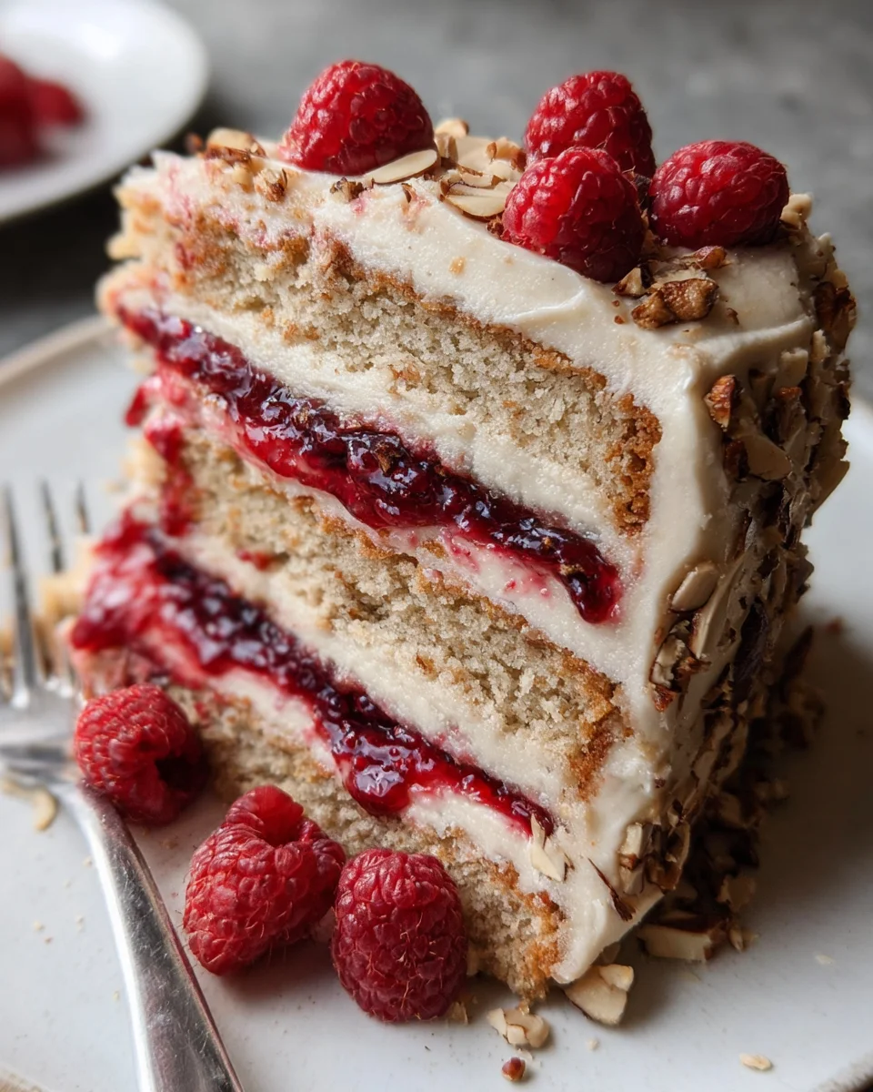 One Bowl Vegan Almond Raspberry Cake with Cream Cheese Frosting