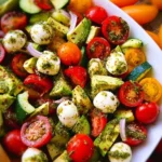 Tomato Cucumber Avocado Salad with Mozzarella and Basil Pesto
